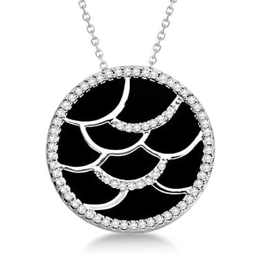 Black Onyx Circle Pendant with Diamond Accents 14K White Gold 14.16ctw