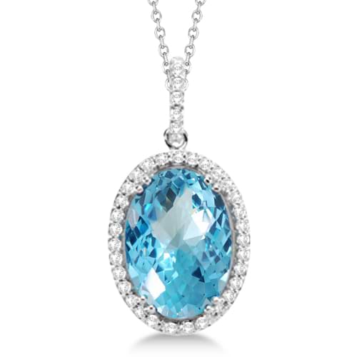 Diamond and Swiss Blue Topaz Pendant Necklace 14k White Gold (7.88ct)