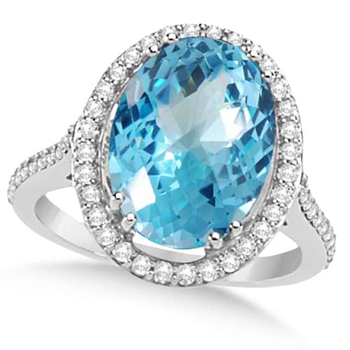 Halo Style Diamond and Swiss Blue Topaz Ring 14k White Gold (6.50ctw)