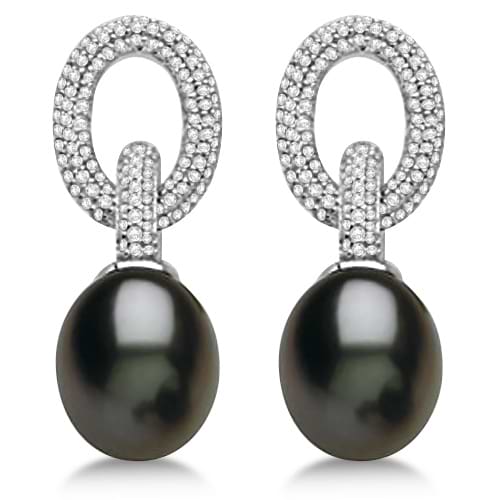 Freshwater Cultured Black Pearl & Diamond Earrings 14K W. Gold (10-11mm)