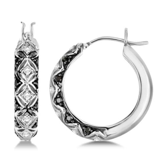 Ladies White & Fancy Black Diamond Hoop Earrings 14K White Gold 0.25ct