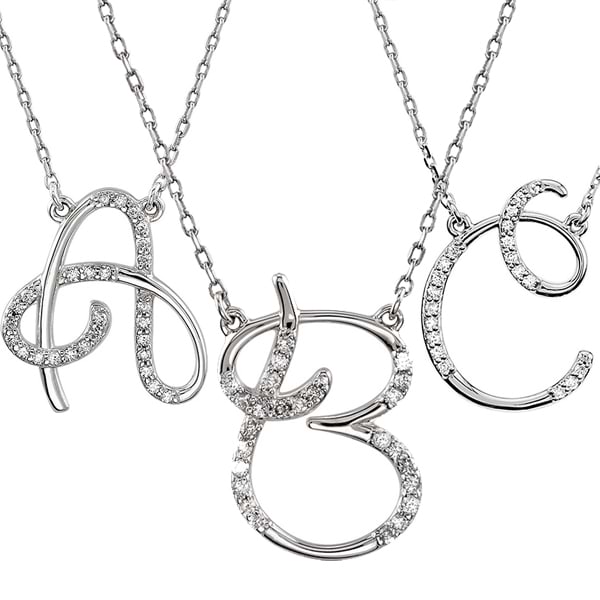 Personalized Diamond Cursive Initial Pendant Necklace Sterling Silver