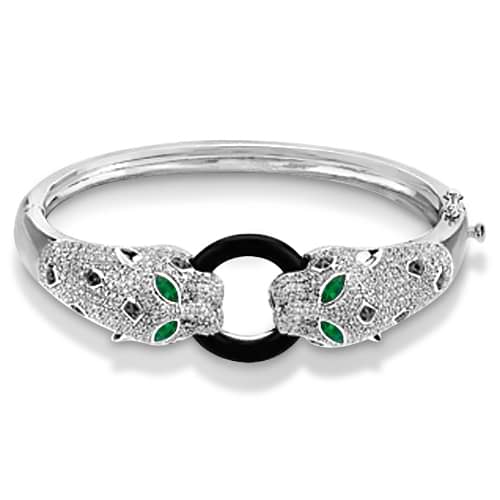 Black Onyx, Emerald & Diamond Panther Bracelet 14K White Gold 3.01ctw