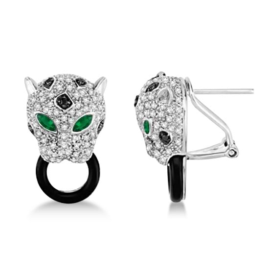 Black Onyx, Emerald & Diamond Panther Earrings 14K White Gold 1.26ctw