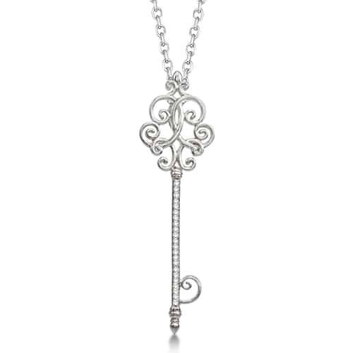 Antique Scroll Diamond Key Pendant Necklace Sterling Silver (0.15ct)