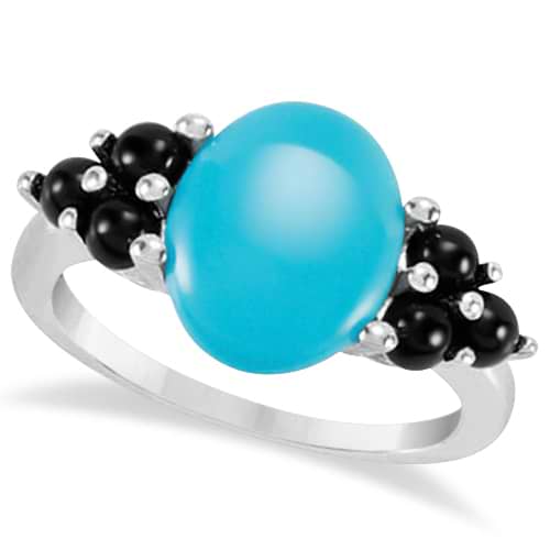 Genuine Cabochon Cut Turquoise & Onyx Ring 14K White Gold 5.60ctw