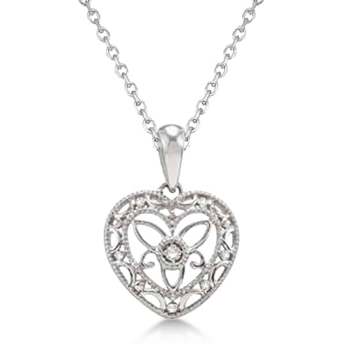 Antique Designer Heart Diamond Pendant Necklace Sterling Silver (0.01ct)