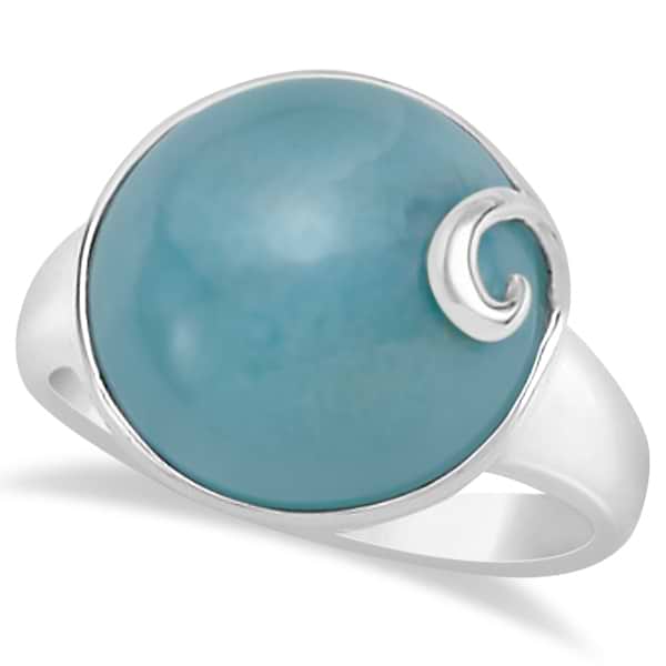 Round Larimar Gemstone Ring with Swirl Design in Sterling Silver