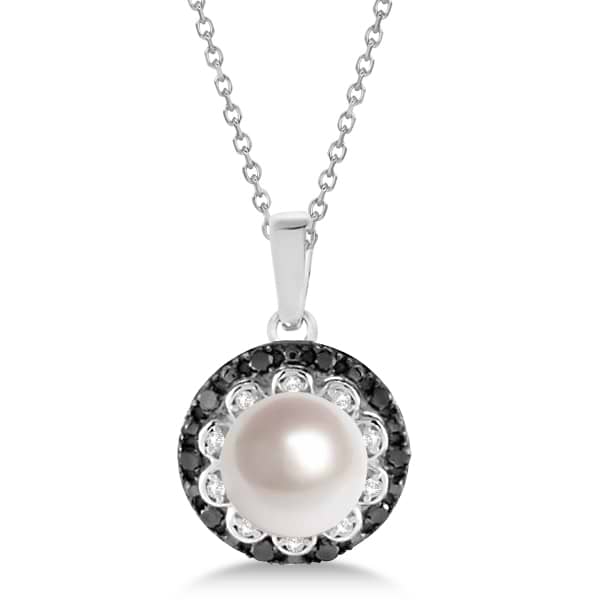 Freshwater Pearl Flower Pendant w/ Black & White Diamonds 14K W. Gold 0.14cw