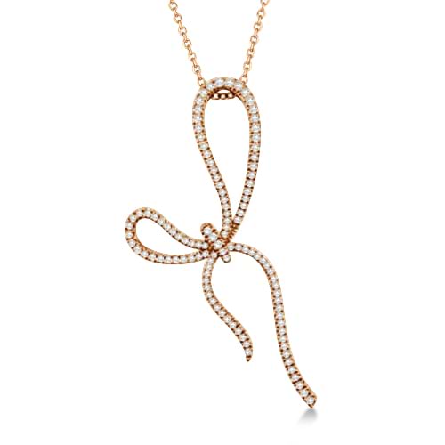 Ladies Round Diamond Bow Tie Pendant Necklace in 14K Rose Gold 0.50ctw