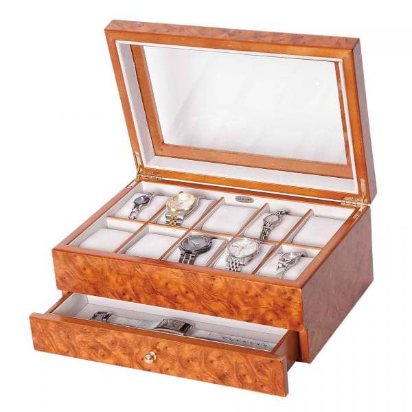 Burlwood Oak Finish Wooden Watch, Jewelry Box. 10 Removable Cushions
