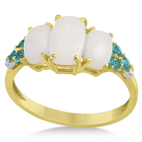 3 Stone Opal, Swiss Blue Topaz & Diamond Ring 14k Yellow Gold 1.60ct