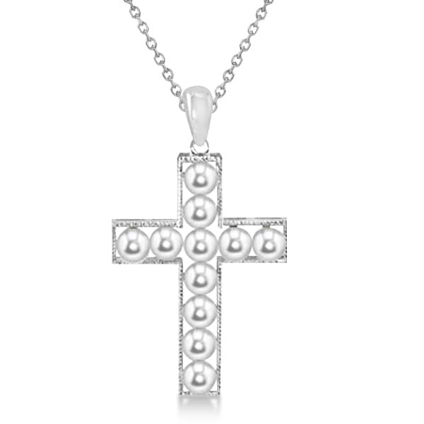Cultured Freshwater Button Pearl Cross Pendant Sterling Silver 3.5-4mm