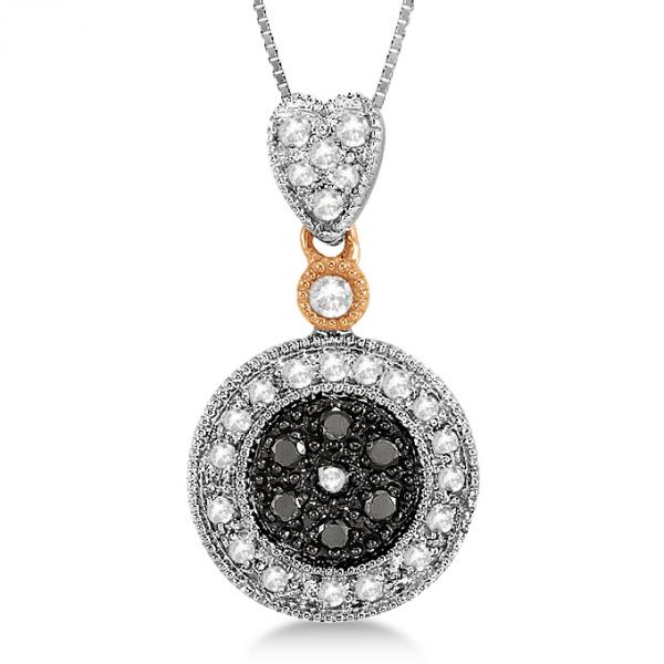 White & Black Diamond Circle Pendant Necklace 14K Two-Tone Gold 0.26ct