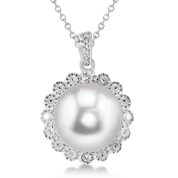 Freshwater Pearl & Diamond Floral Pendant Necklace Sterling Silver