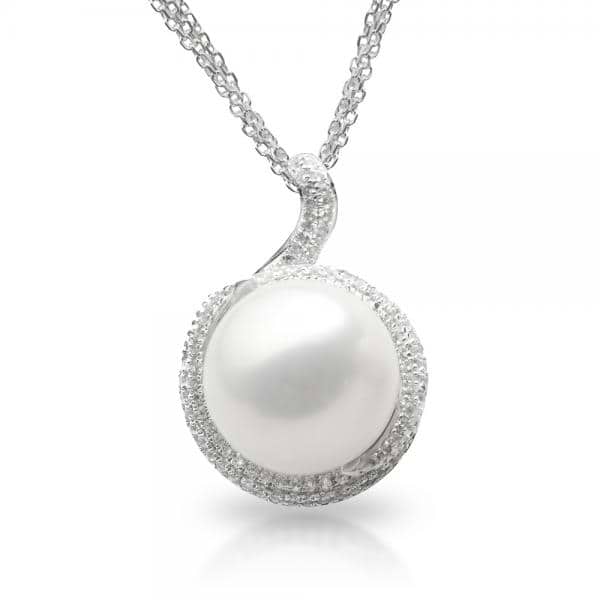 Freshwater Pearl & Topaz Pendant Necklace in Sterling Silver 13-14mm