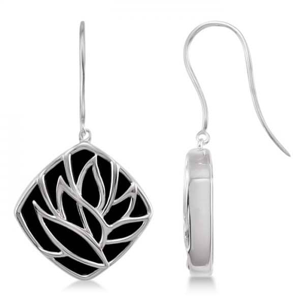 Square Black Onyx Earrings Floral Design Sterling Silver 8.84ctw