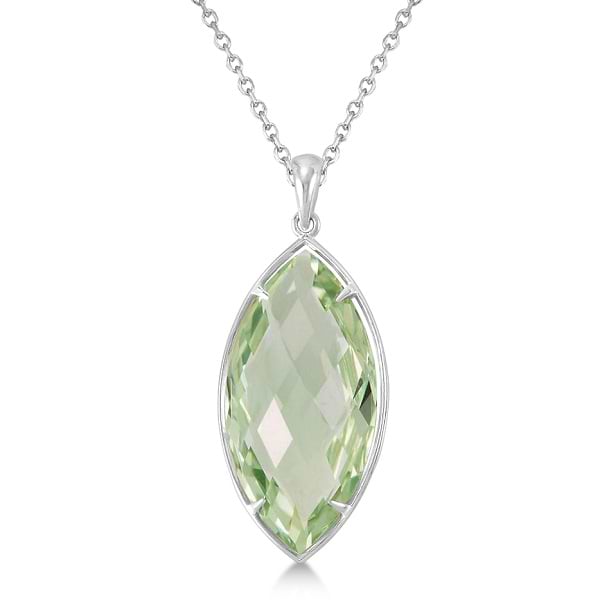 Marquise Green Quartz Pendant Necklace Sterling Silver (28x14mm)