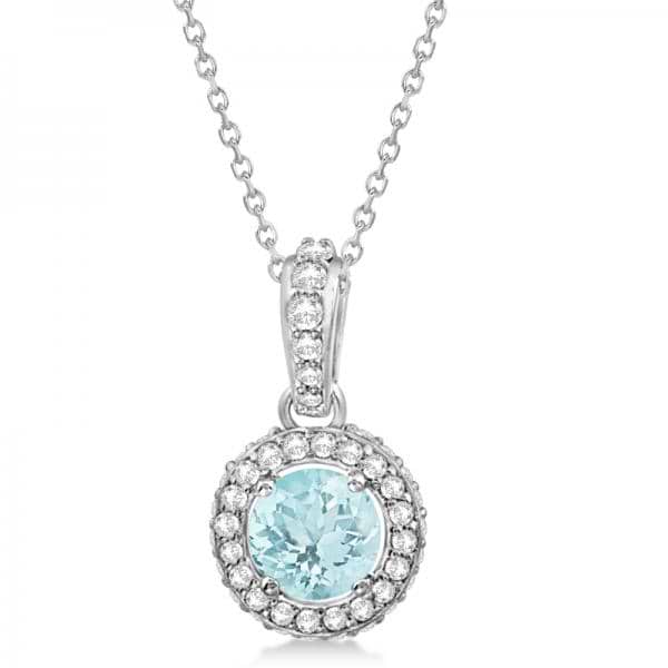 Diamond & Aquamarine Halo Pendant Necklace 14k White Gold (0.70ct)