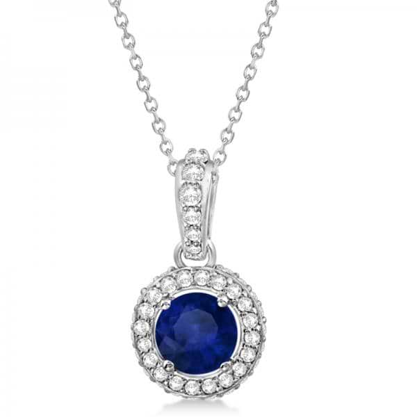 Diamond & Blue Sapphire Halo Pendant Necklace 14k White Gold (0.90ct)
