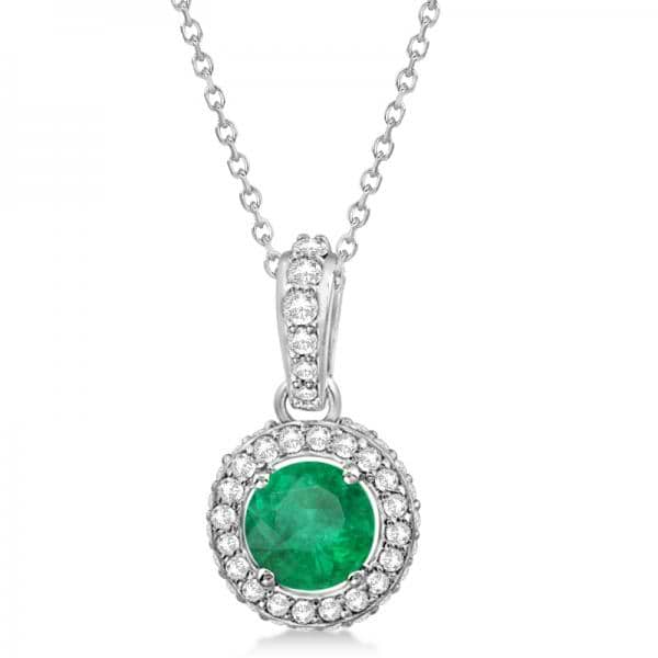 Diamond & Emerald Halo Pendant Necklace in 14k White Gold (0.73ct)
