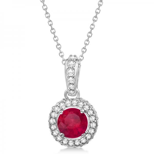Diamond & Ruby Halo Pendant Necklace in 14k White Gold (0.90ct)
