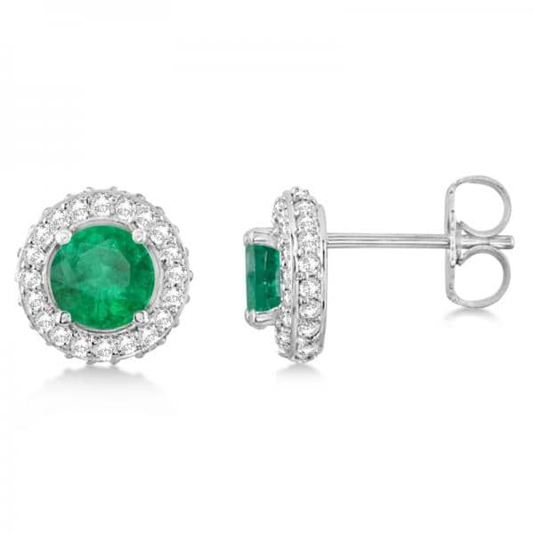 Diamond Accented Emerald Stud Earrings in 14k White Gold (0.86ct)