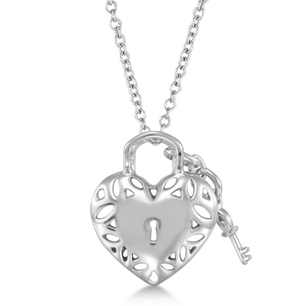 Diamond Heart Key and Lock Pendant Necklace Sterling Silver (0.16ct)