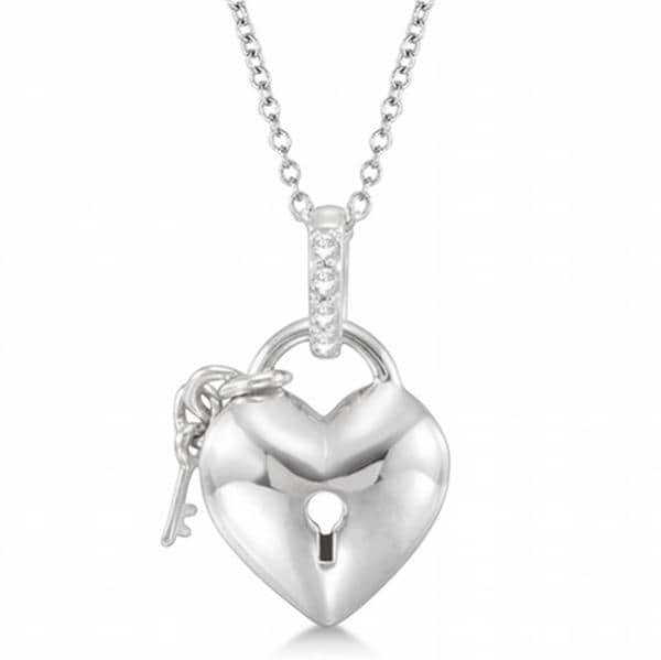 Puffed Heart Lock and Key Diamond Necklace in Sterling Silver (0.05ct)