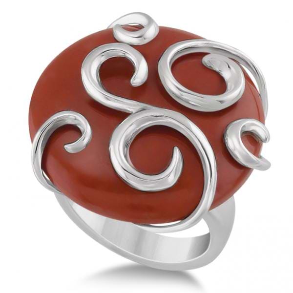 Red Tiger Eye Cocktail Ring in Sterling Silver Scroll Design 33.71ctw