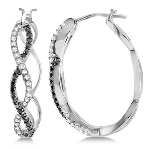 White and Black Diamond Hoop Earrings Infinity 14K White Gold  0.51ct