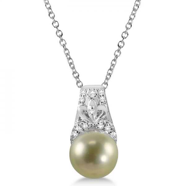 Freshwater Gold Pearl & Diamond Necklace Sterling Silver 8-9mm