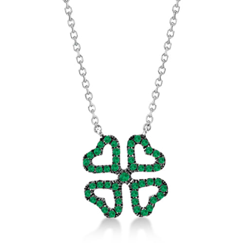 Tsavorite Heart Shape Clover Pendant Necklace 14K White Gold 0.15ctw