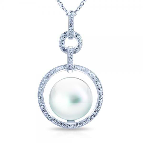 Freshwater Pearl & Topaz Circle Pendant Necklace in Sterling Silver 14-15mm