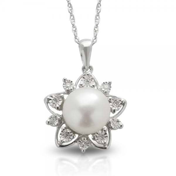 Freshwater Pearl & Diamond Flower Necklace Sterling Silver 9-9.5mm