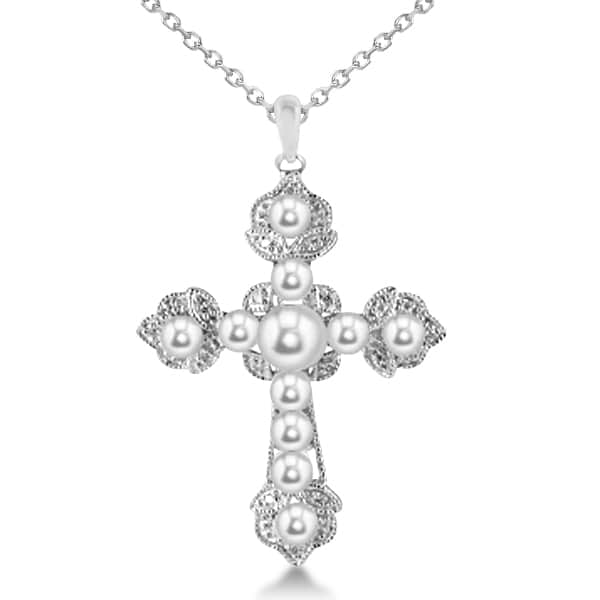 Freshwater Pearl & Diamond Cross Pendant Necklace Sterling Silver