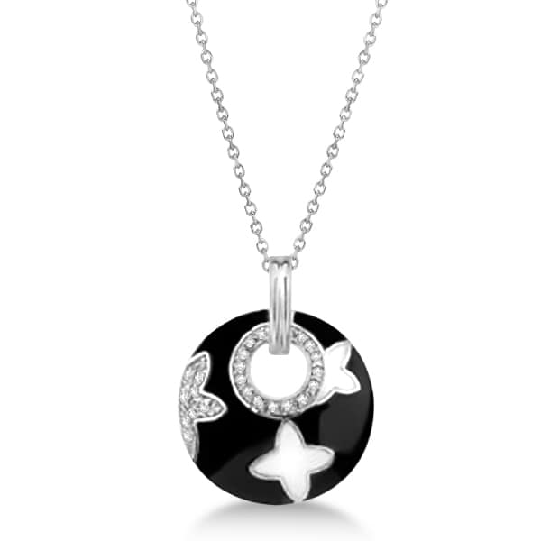 Circle Diamond Pendant w/ Black & White Enamel Sterling Silver 0.13ctw
