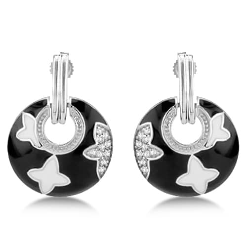 Diamond Circle Earrings w/ Black & White Enamel Sterling Silver 0.10ct