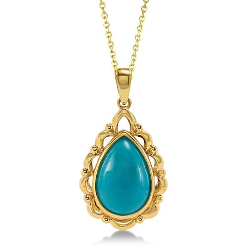 Teardrop Shaped Turquoise Pendant Necklace 14K Yellow Gold 4.78ctw