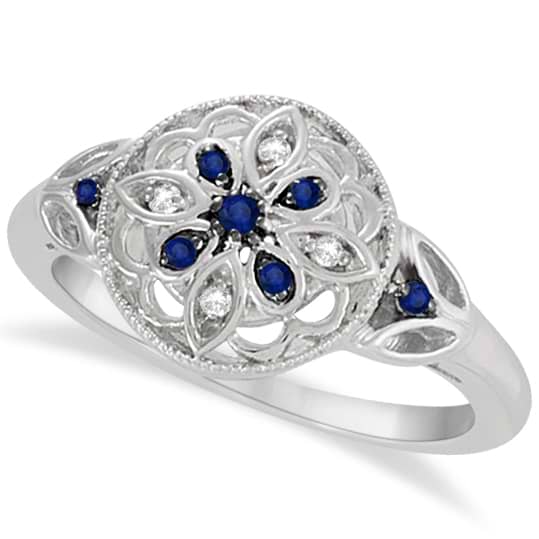 Vintage Diamond and Sapphire Flower Ring Sterling Silver (0.12ct)