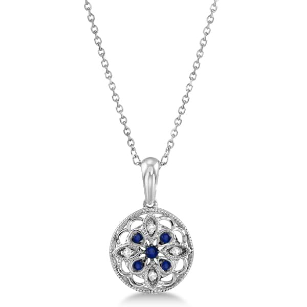 Diamond and Sapphire Flower Necklace Pendant Sterling Silver (0.09ct)