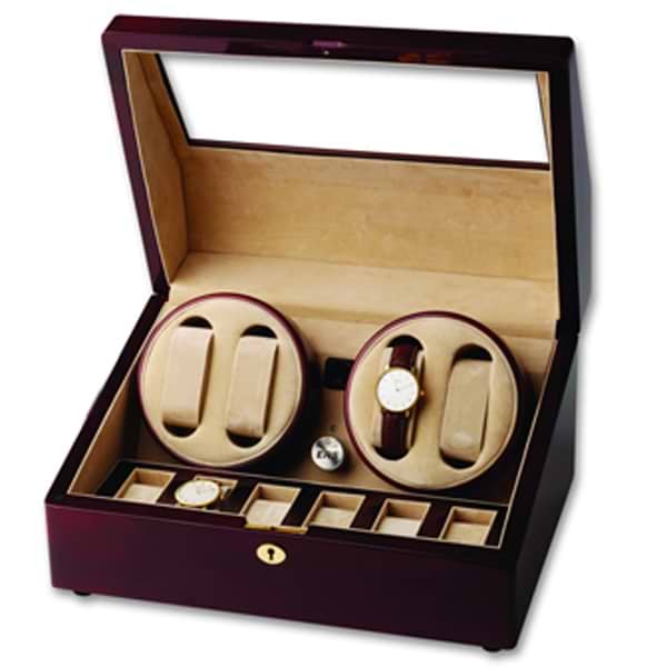 Wooden Quad Watch Winder and Display Case for Six Additional Timepieces