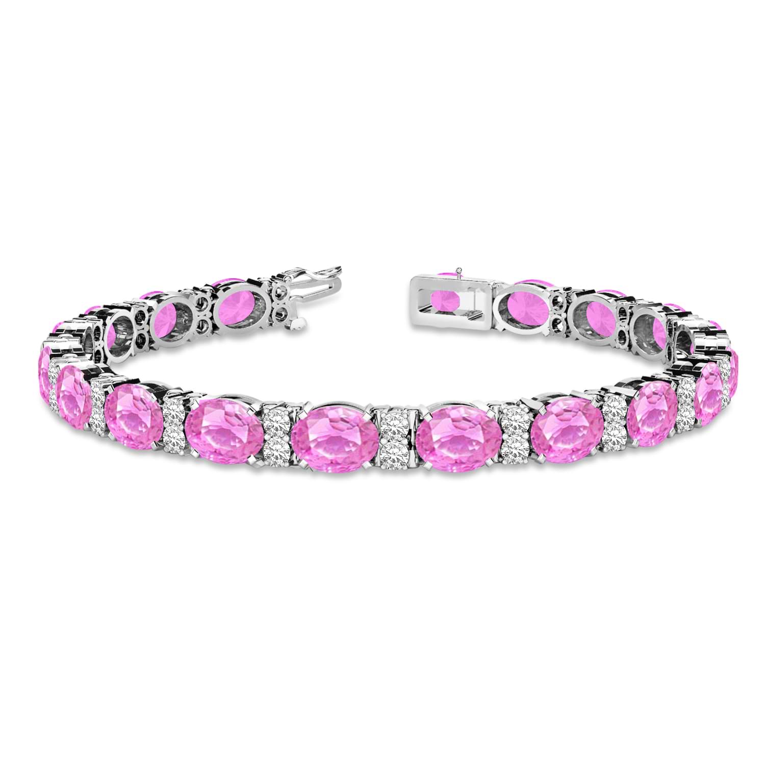 Diamond & Oval Cut Pink Sapphire Tennis Bracelet 14k White Gold (13.62ct)