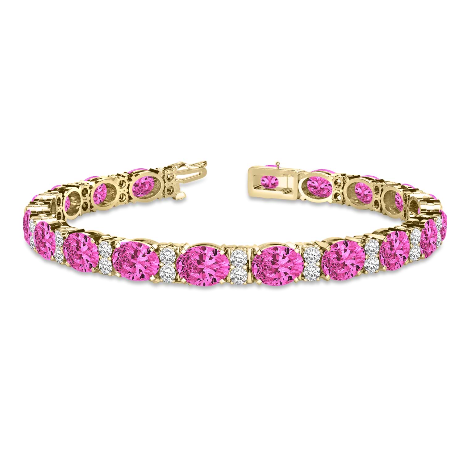 Diamond & Oval Cut Pink Tourmaline Tennis Bracelet 14k Y Gold (13.62ct)