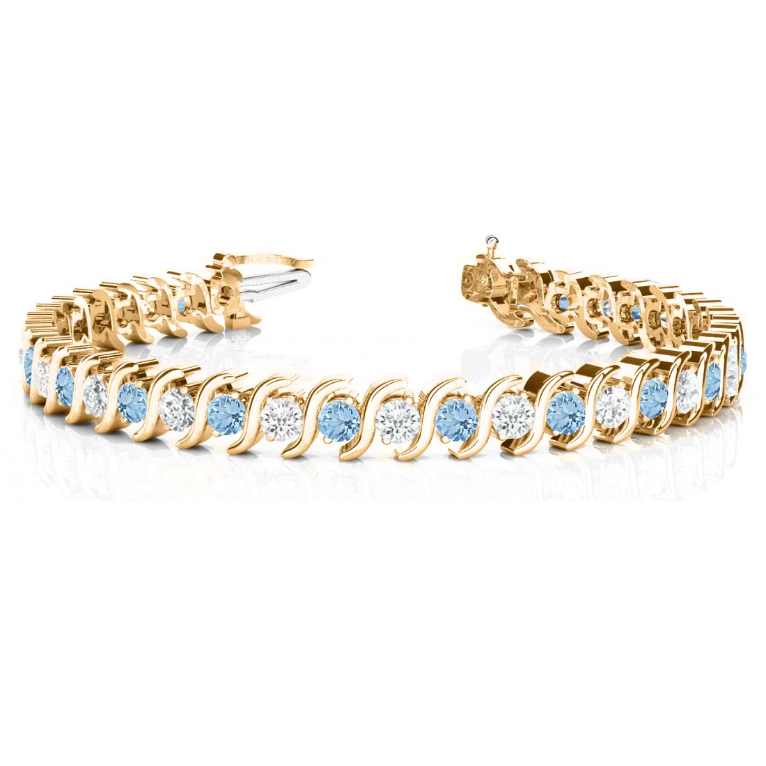 Aquamarine & Diamond Tennis S Link Bracelet 14k Yellow Gold (4.00ct)
