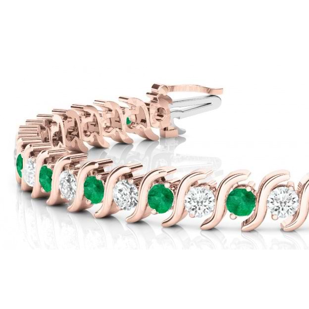 Emerald & Diamond Tennis S Link Bracelet 14k Rose Gold (4.00ct)