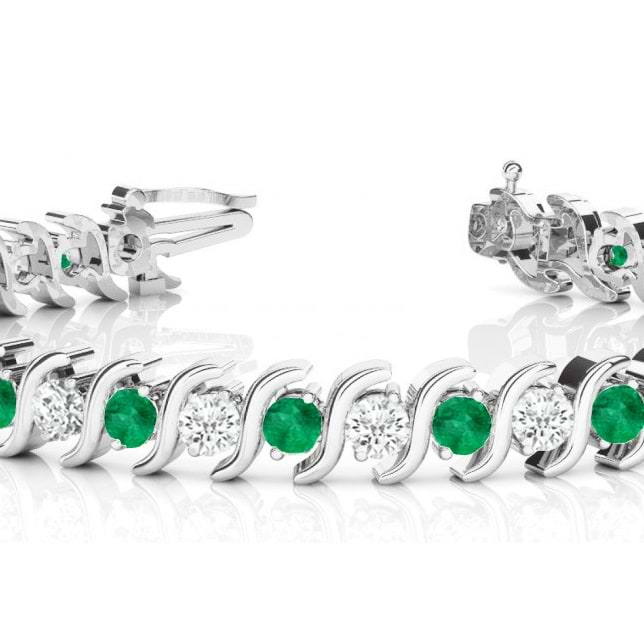 Emerald & Diamond Tennis S Link Bracelet 14k White Gold (4.00ct)