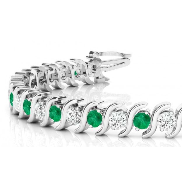 Emerald & Diamond Tennis S Link Bracelet 14k White Gold (4.00ct)