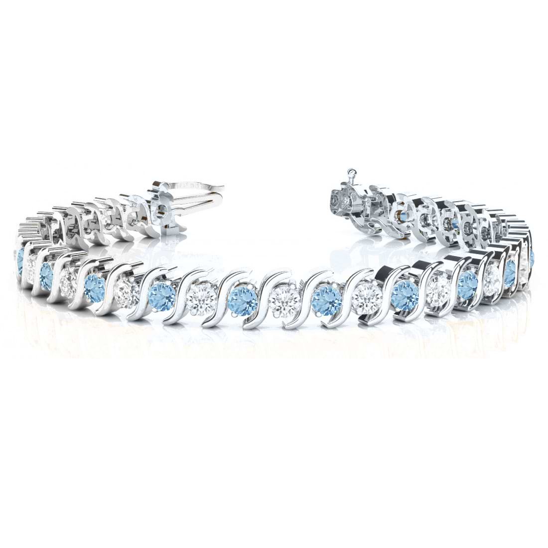 Aquamarine & Diamond Tennis S Link Bracelet 18k White Gold (6.00ct)