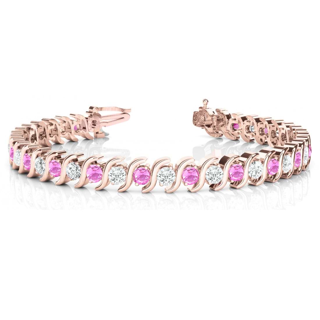 Pink Sapphire & Diamond Tennis S Link Bracelet 18k Yellow Gold (6.00ct)